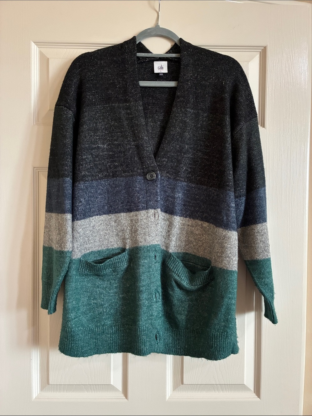 CAbi 4414. Colorblock V-Neck Cardigan - Black, Navy, Gray, Green
